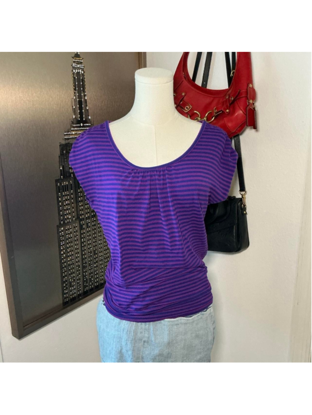 Calvin Klein Purple Blue Striped Ruched Side Top XS Y2K